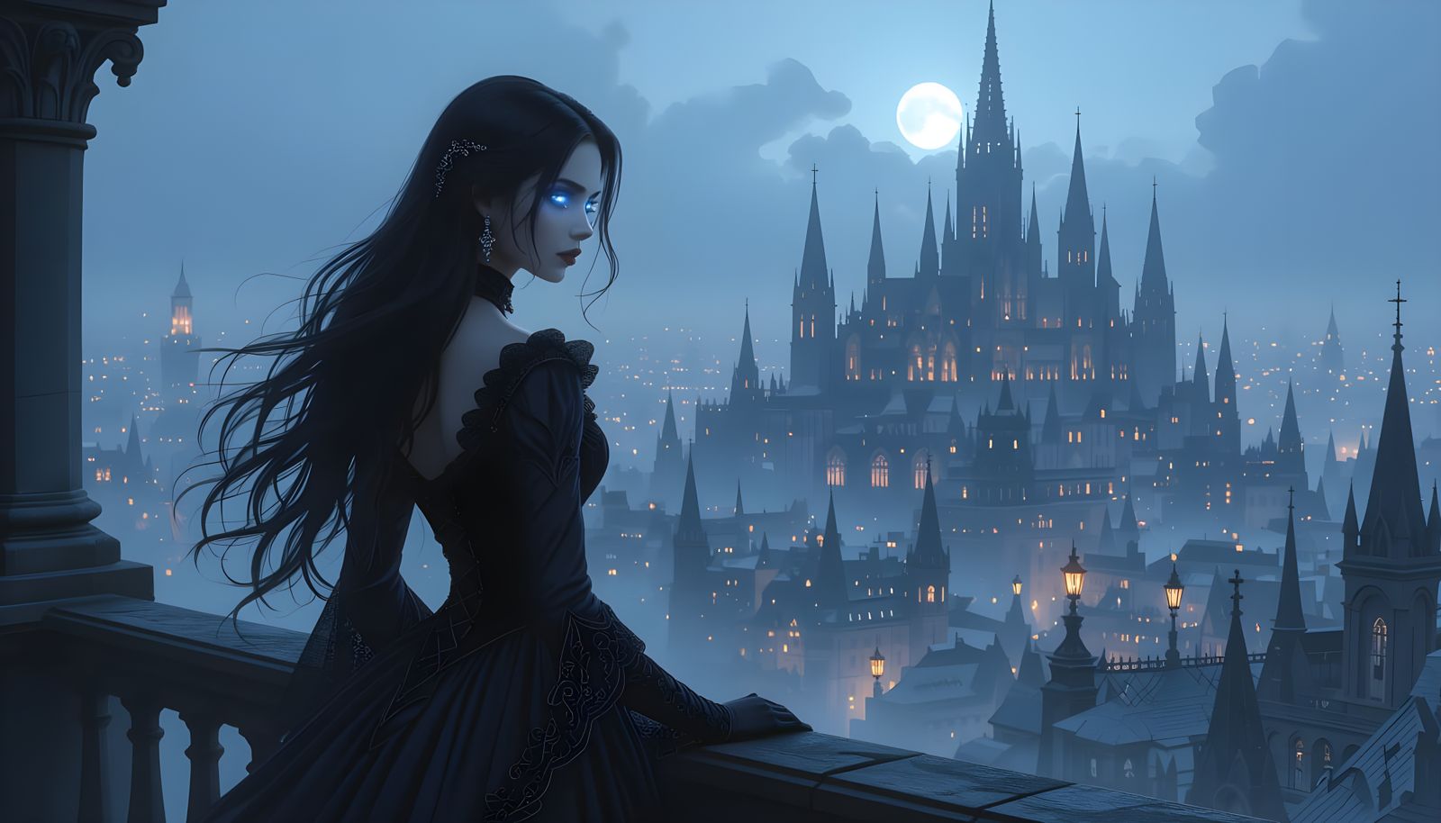 Gothic Vampire Observes Twilight Cityscape
