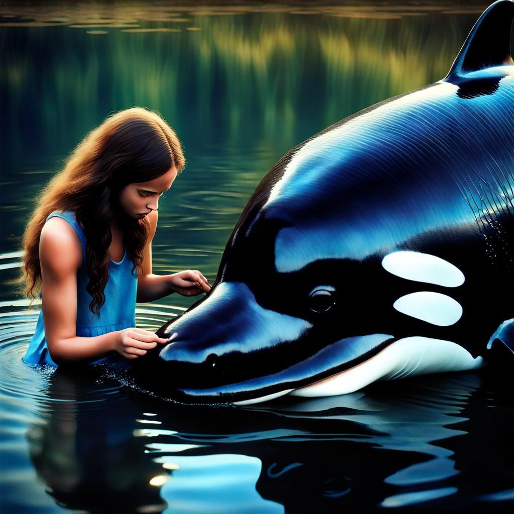 Woman Hand-Feeding Orca in Park: Photorealistic Art