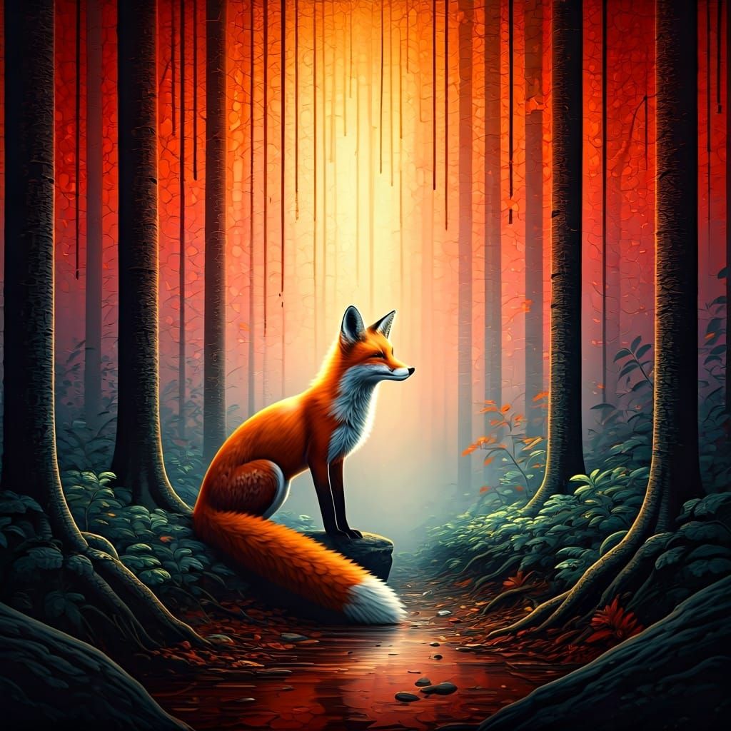 Fox in Misty Forest: Abstract Oil Painting