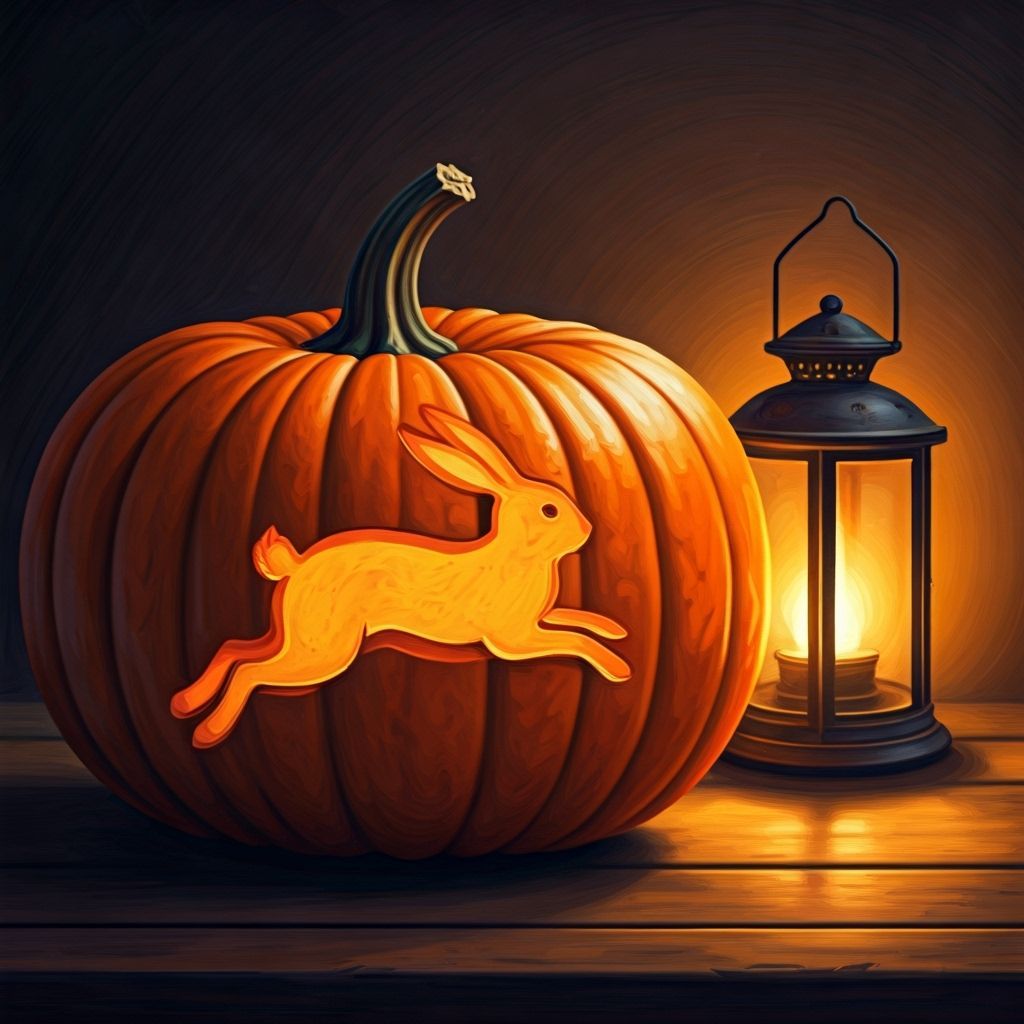 Pumpkin Carved with Rabbit Beside Lantern in Oil Pastel Styl...