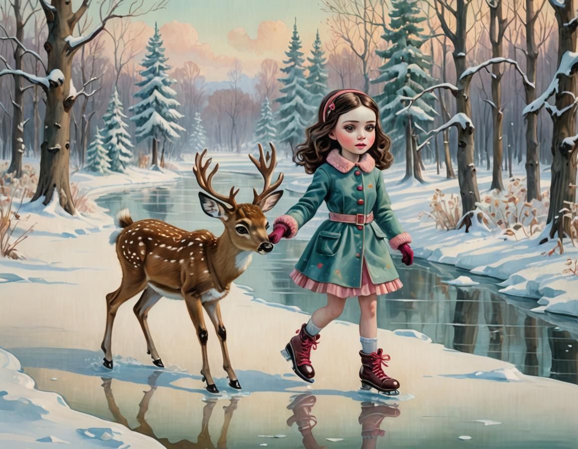 Bambi on Ice: Winter Landscape in Gouache Style