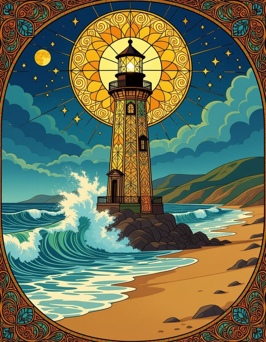 Stained Glass Lighthouse on Desert Beach in Klimt Style