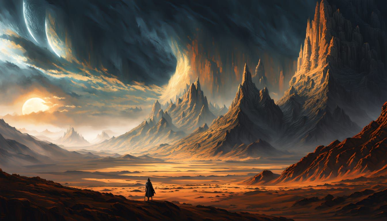 Elf Wanderer in Alien Mountains Under Dreamlike Sky