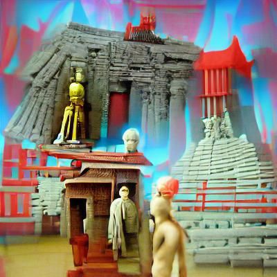 Retro Sci-Fi Ancient Temple with Statues