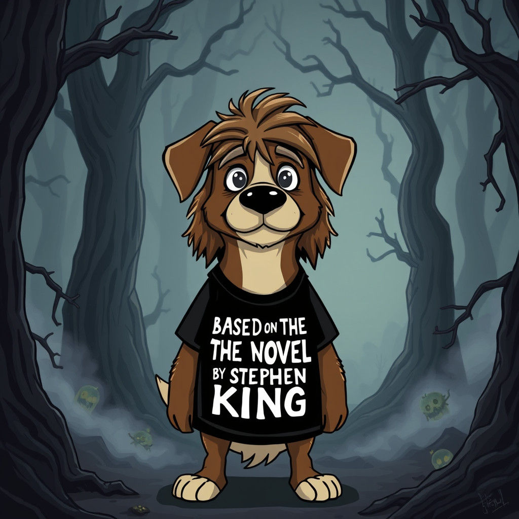 Cartoon Dog in Eerie Forest, Burton and Adventure Time Style
