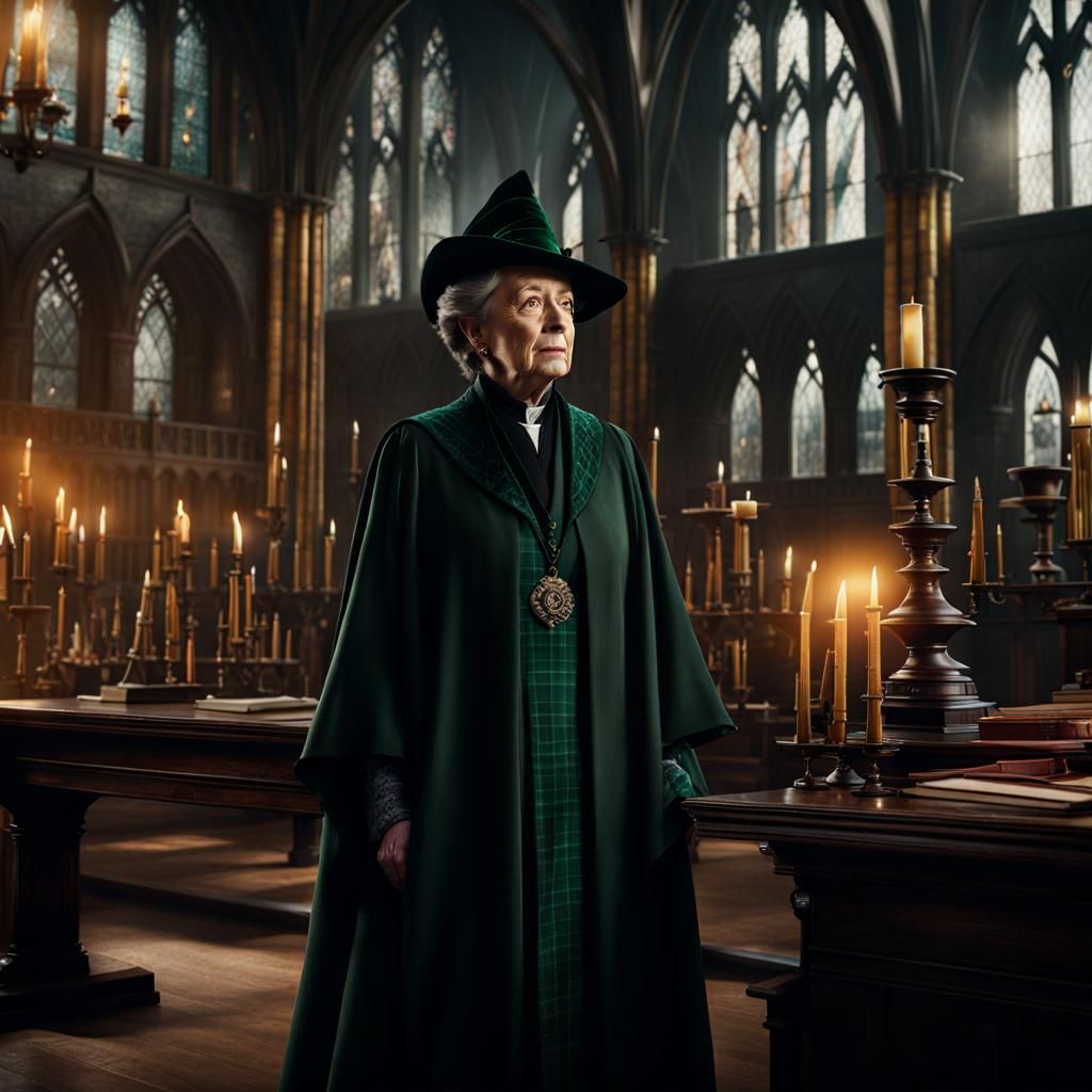 Professor McGonagall teaching at Hogwarts in a scottish plaid