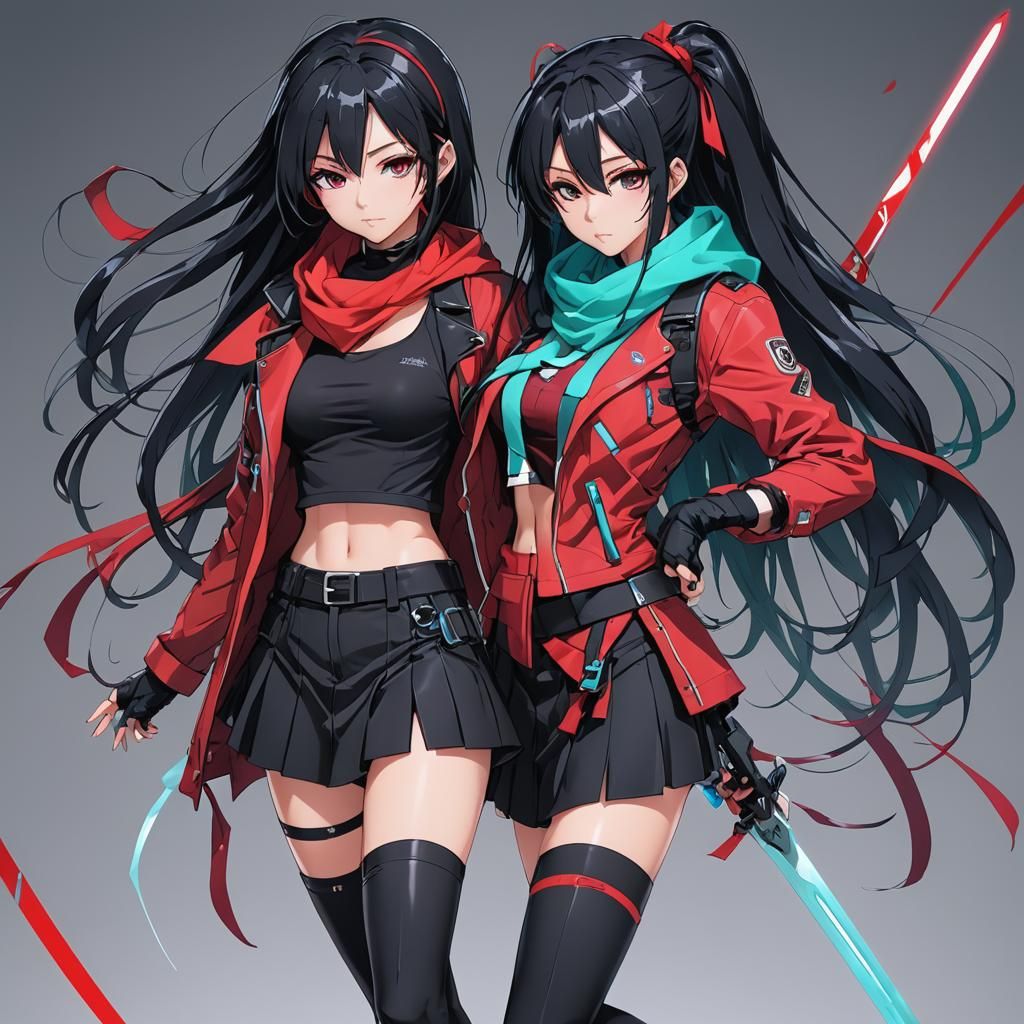 Cyborg Anime Girl with Neon Blades in Manga Style