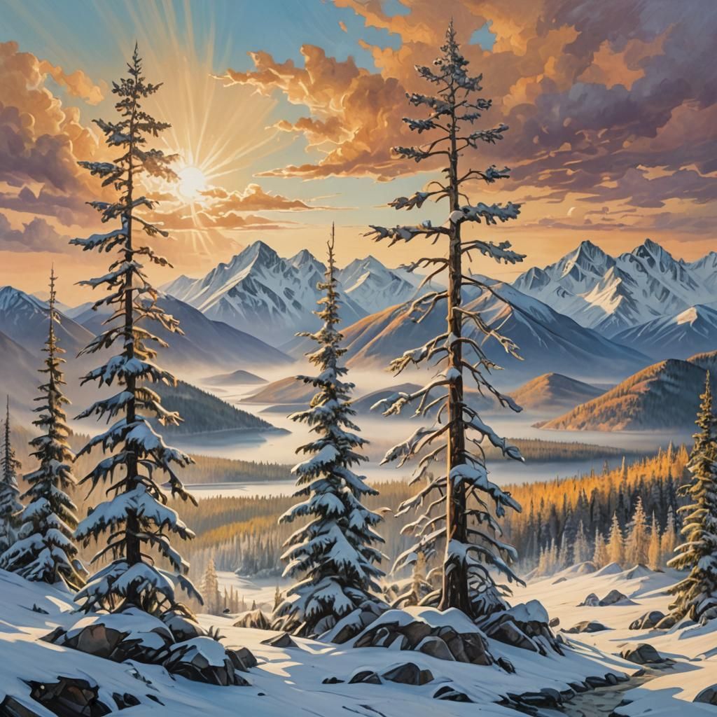 Arctic Sunrise Landscape in Oil Painting Style