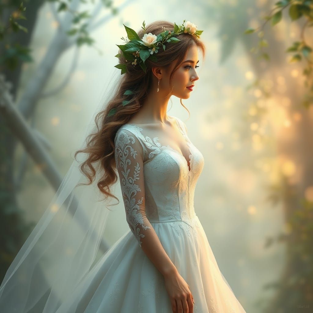 Ethereal Bride with Floral Adornments as Fantasy Art