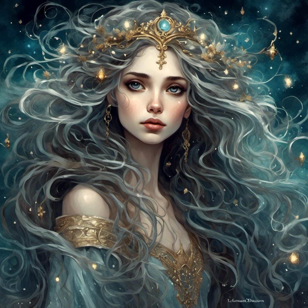 Mystical Witch Girl Under Cosmic Sky: Fantasy Art