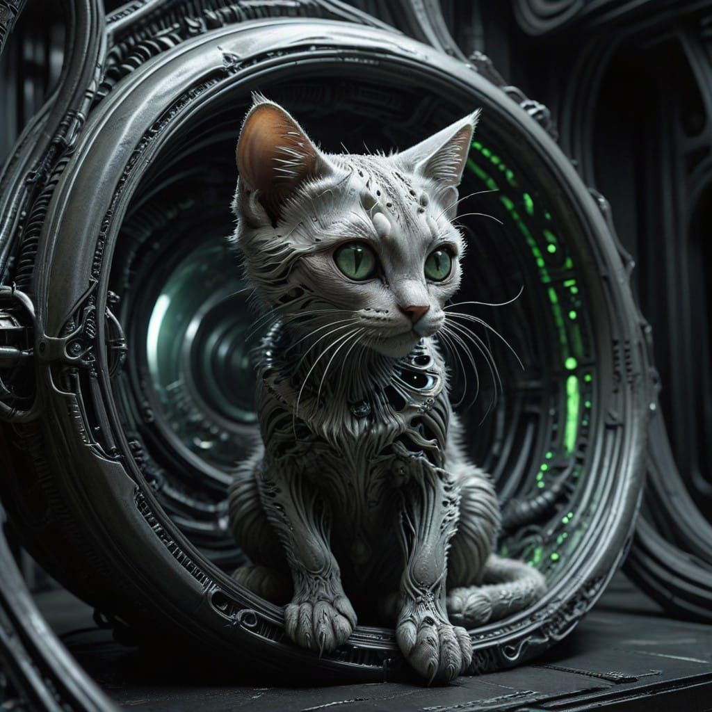 Eerie Kitten Emerges from Biomechanical Womb