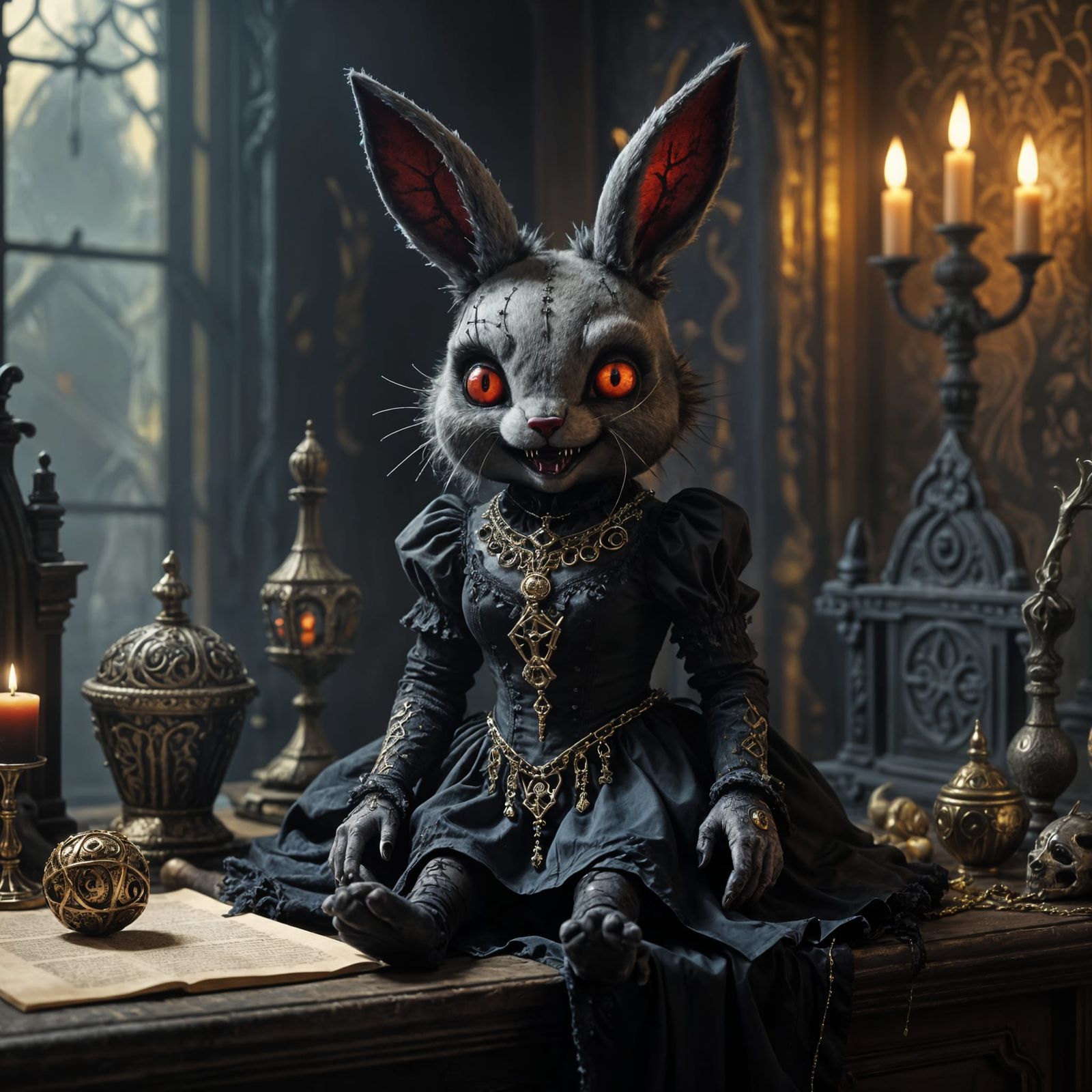 Gothic Voodoo Rabbit with Glowing Red Eyes