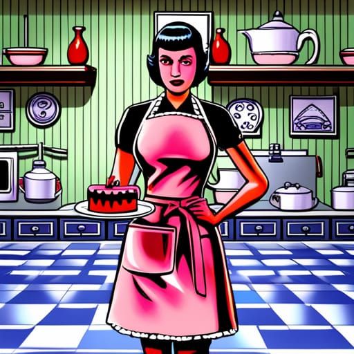 Gothic Girl with Cake in a 1950s Kitchen