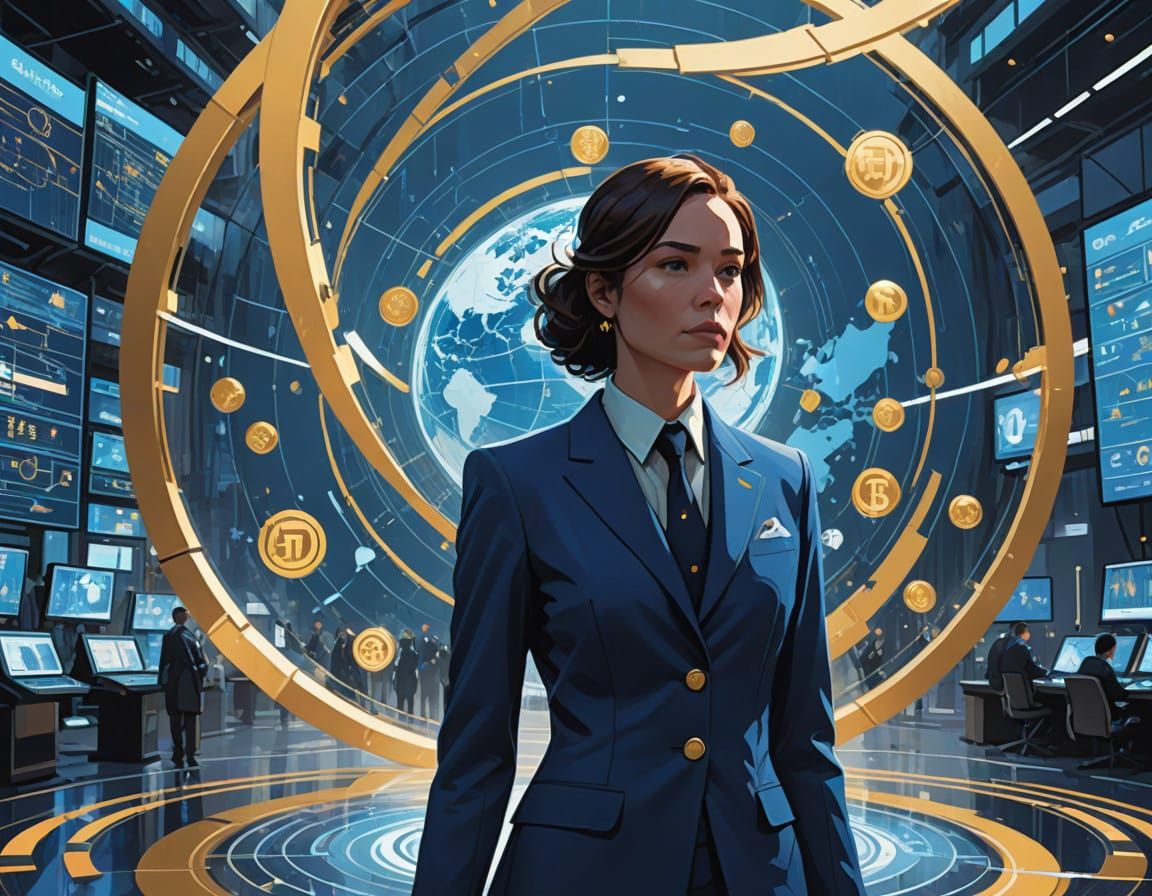 Financial Futurism: Woman Surrounded by Glowing Currency Sym...