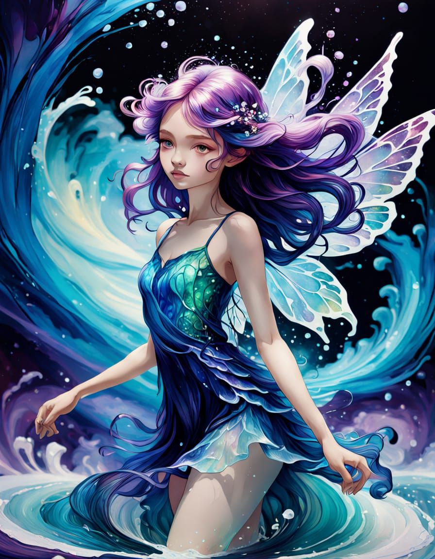 Delicate Fairy in Whirlpool of Vibrant Blues and Purples