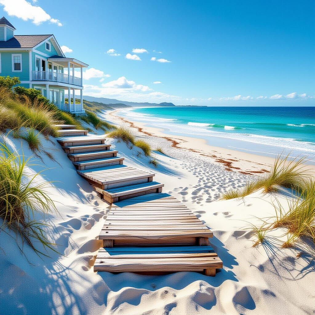 Hyperrealistic Beach Home with Steps to Ocean Dunes