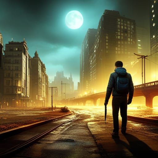 Cyberpunk Man in Bioluminescent Landscape