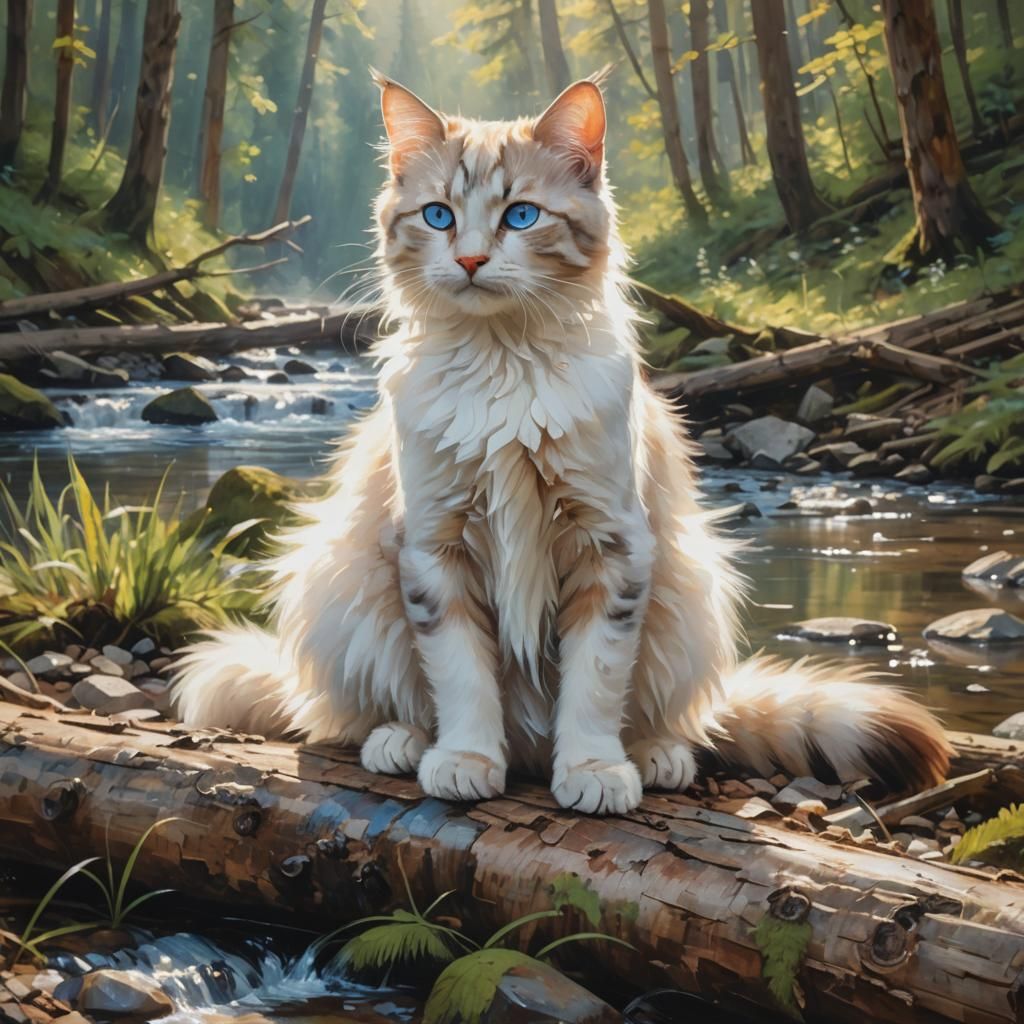 White Kitten in Forest, Impressionist Painting