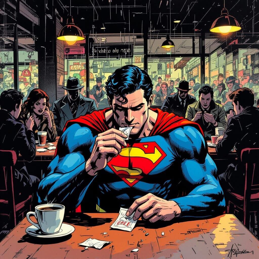 Superman in Coffee Shop Amidst Robbery, Noir Comic Style