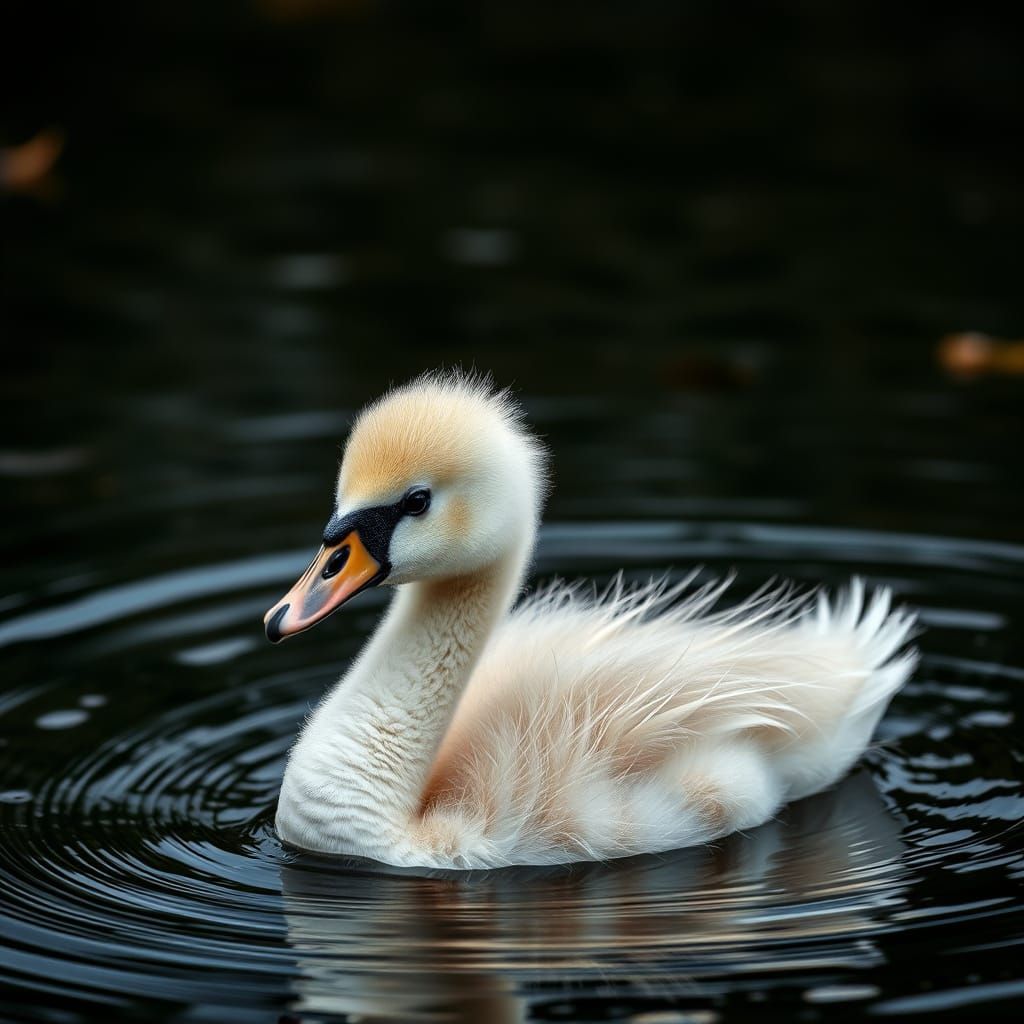 Hyperrealistic Baby Swan Swimming in Moody Atmosphere