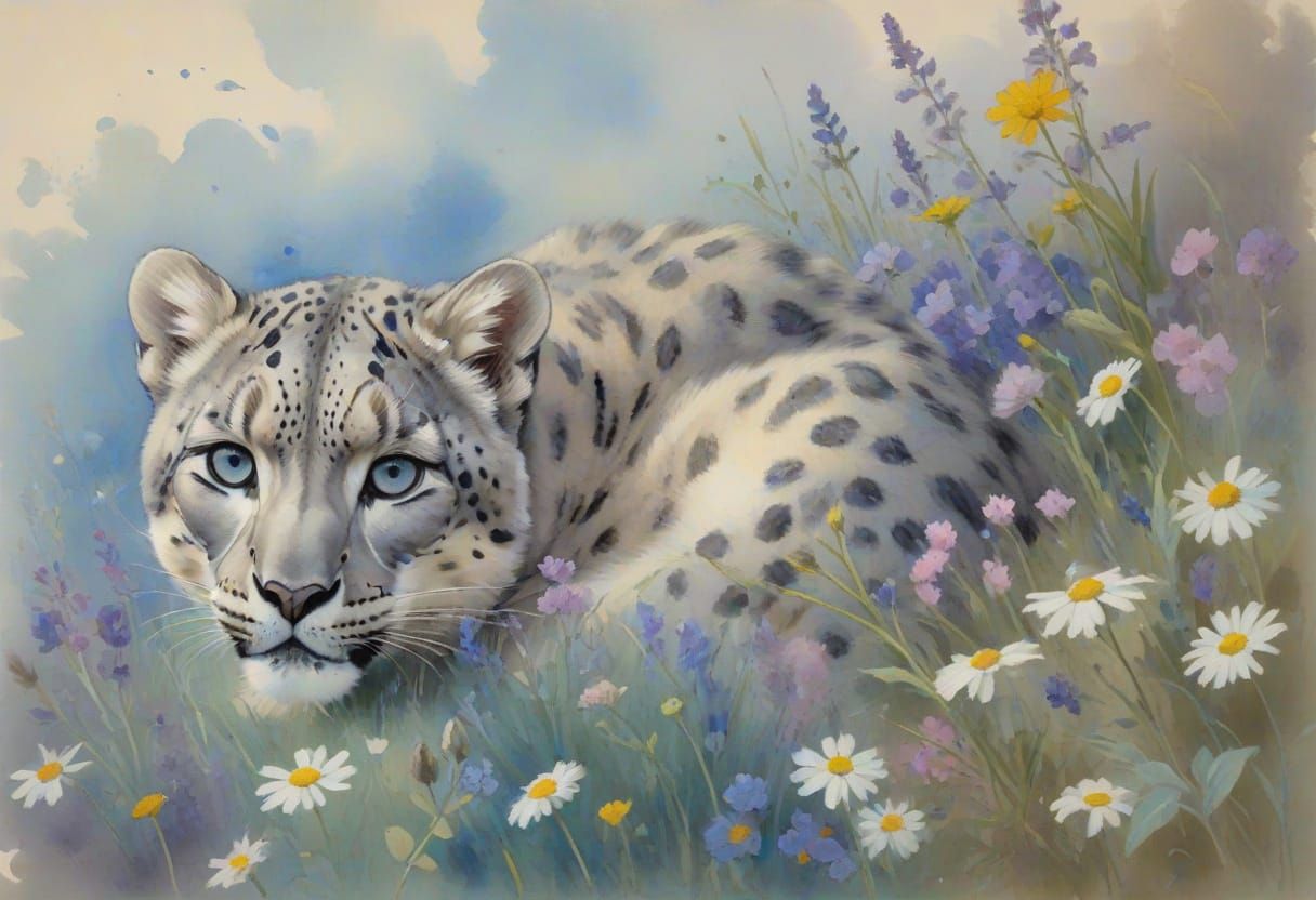 Translucent Watercolor Snow Leopard Cub in Wildflower Meadow
