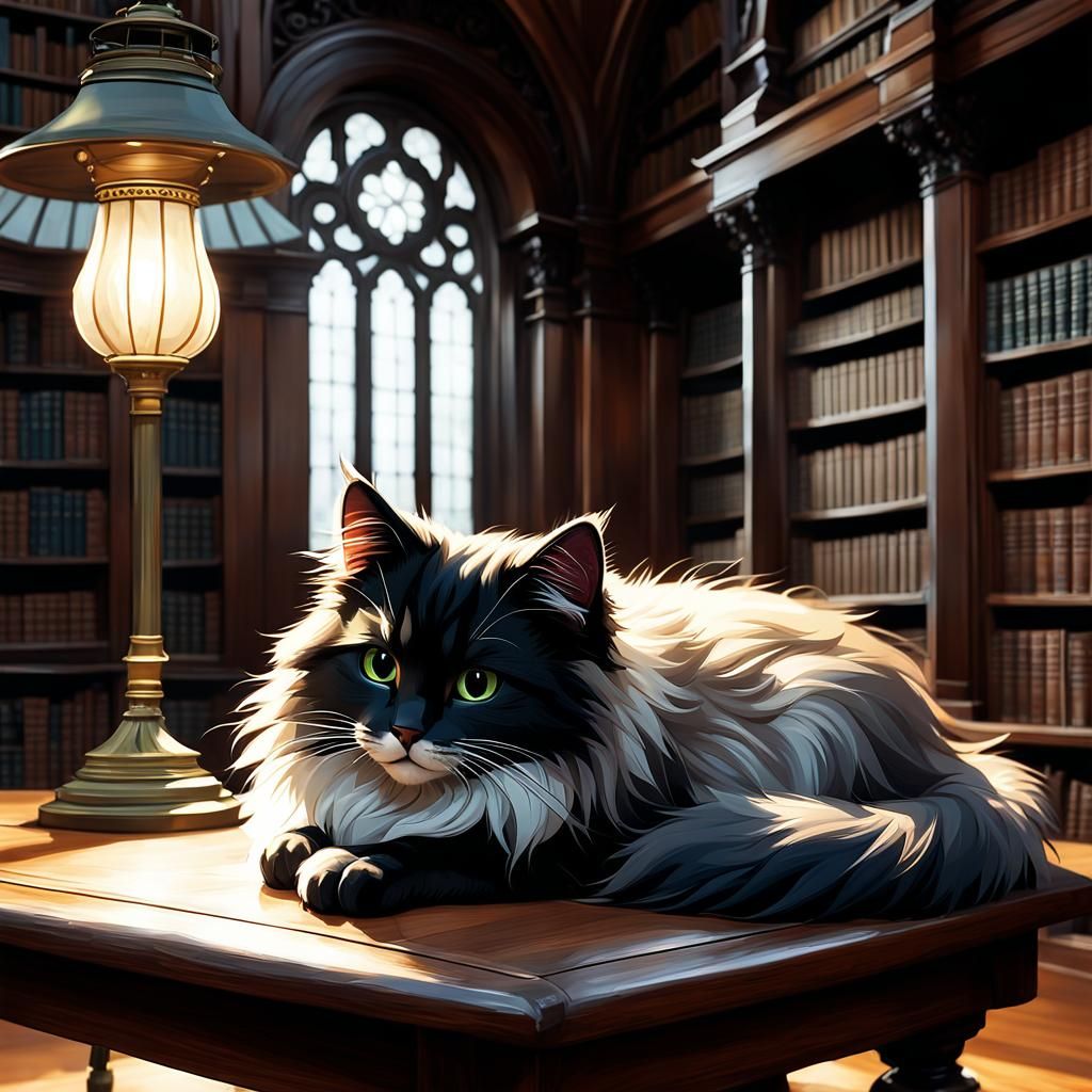 Anthropomorphic Cat Napping in Library, Digital Art