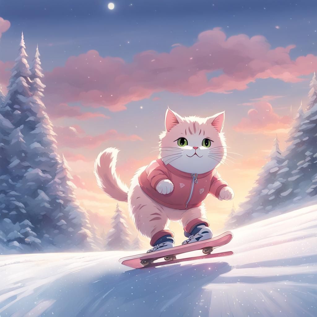 Cute Cat in Ice Skates Races Down Snowy Hill