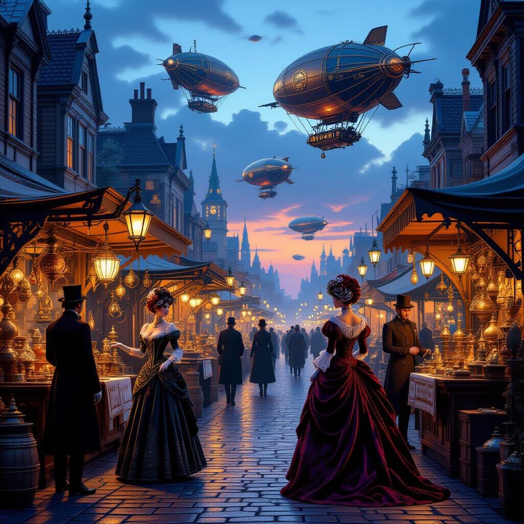 Steampunk Market at Dusk with Airships and Automatons