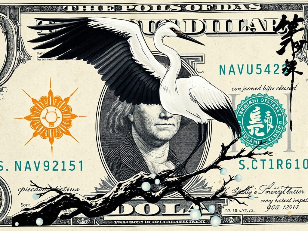 Crane Painting on Dollar Bill in Sumi-e Style