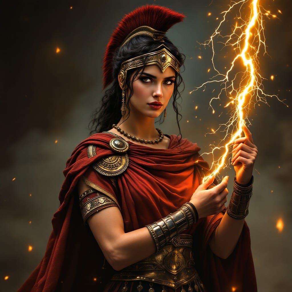 Etruscan Goddess of War and Wisdom in Crimson Armor