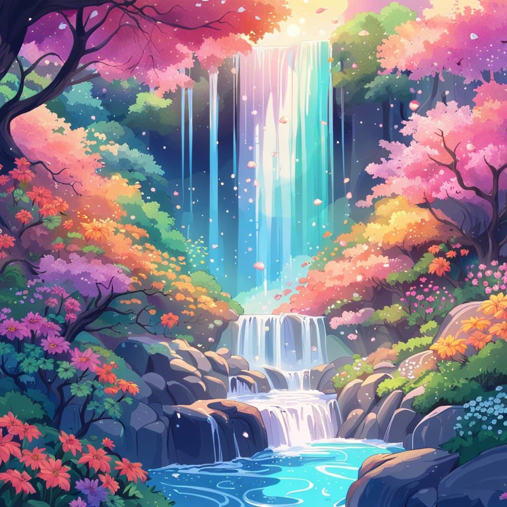 Colorful Anime Landscape with Waterfall and Rainbow
