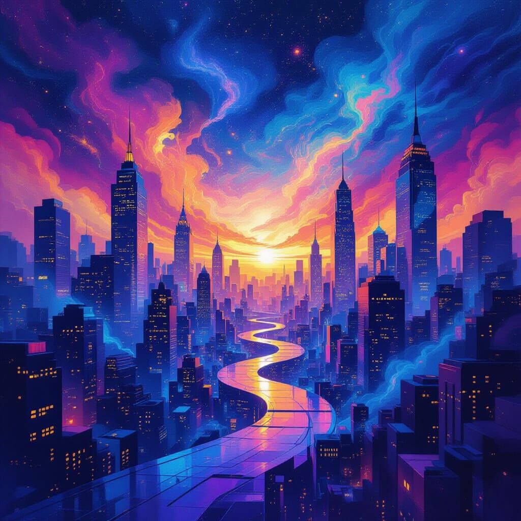 Abstract Cosmic Cityscape at Dawn in Psychedelic Colors