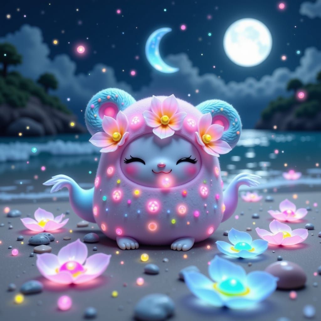 Fluffy Kawaii Creature on Moonlit Beach in 3D Style