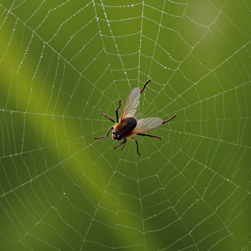 Dew-Kissed Spiderweb Captures Struggling Fly in Morning Ligh...