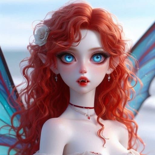 Vampire in Vibrant Red Hair and Fae Wings, Anime Style