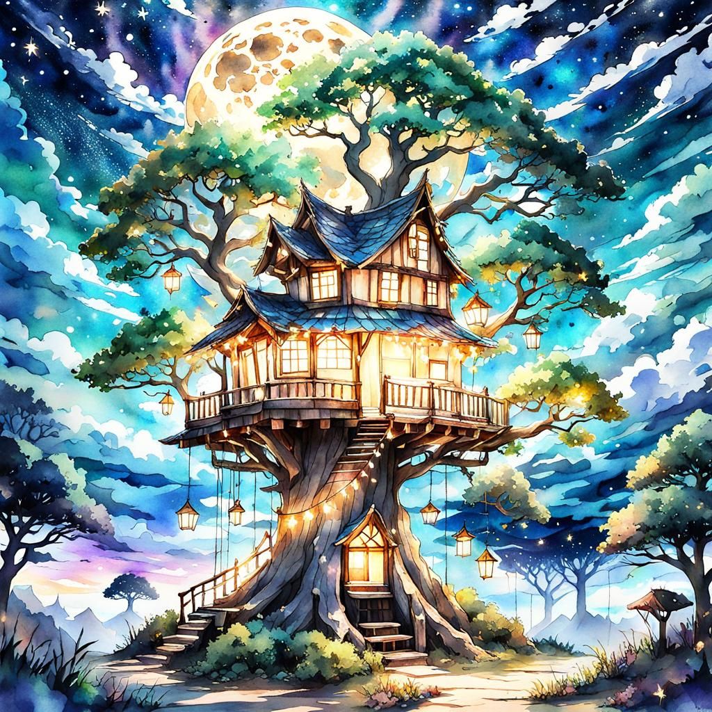 Enchanted Fairy Treehouse Under Starry Sky