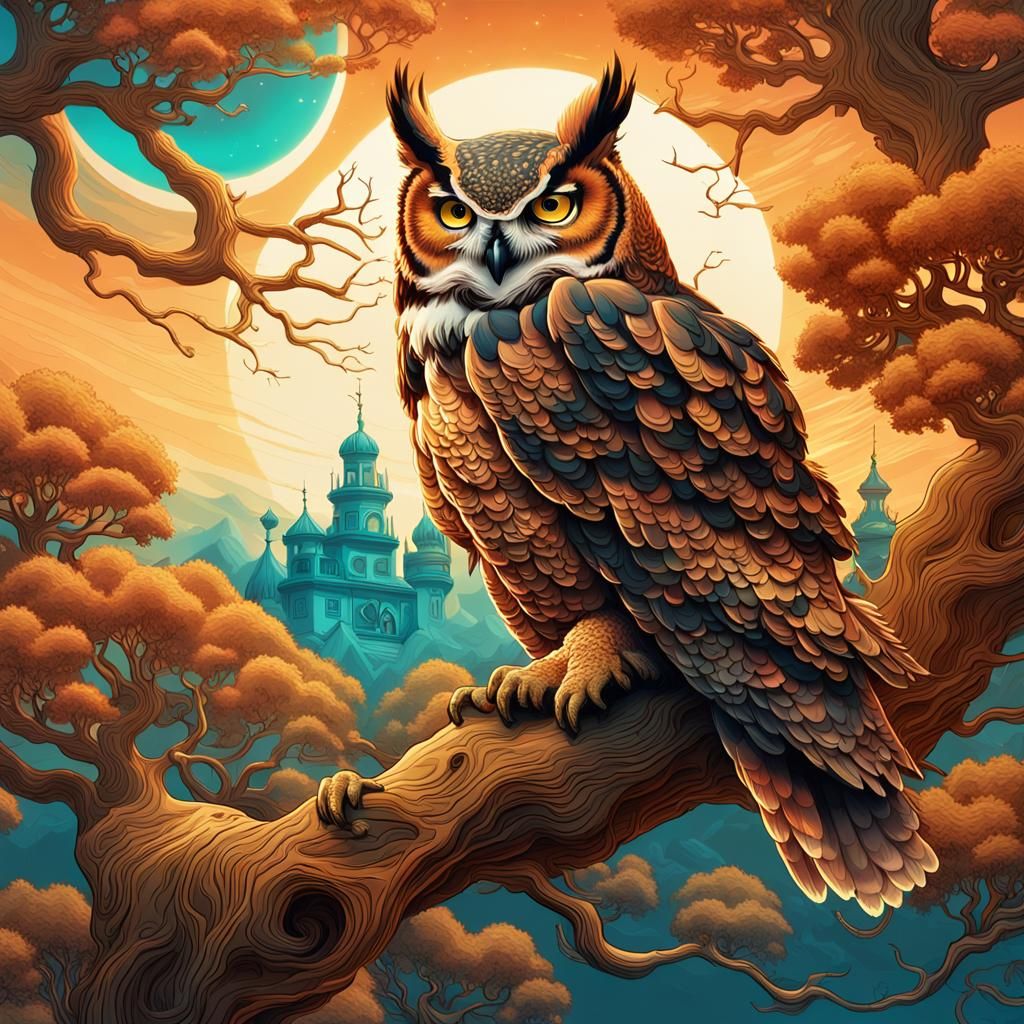 Great Horned Owl in Victorian Treehouse Illustration