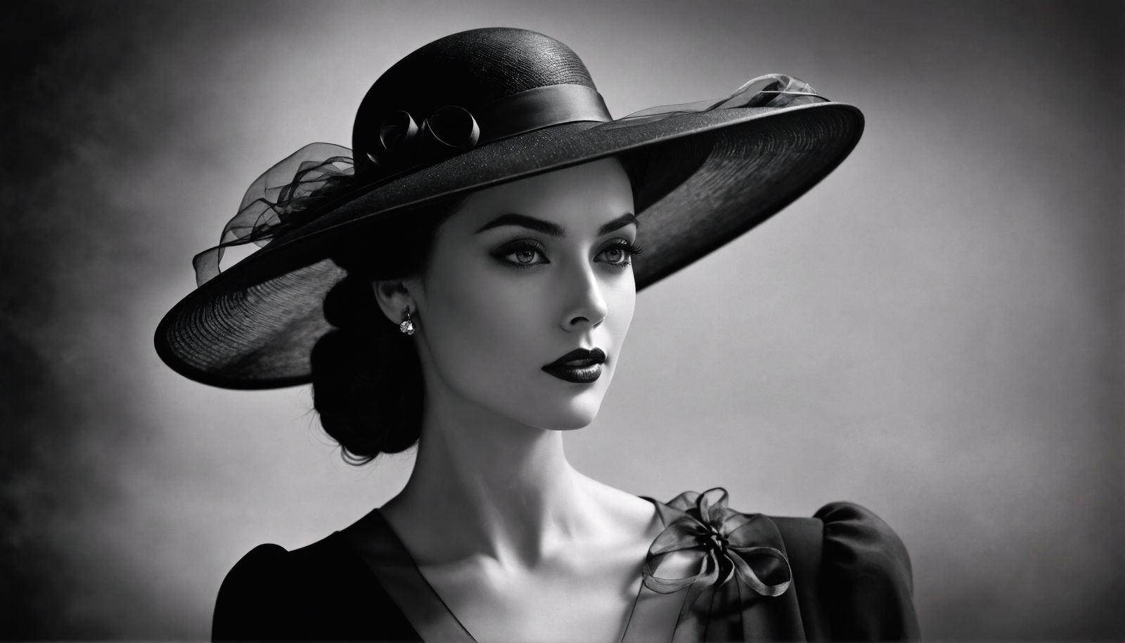 Elegant Lady in Black Hat, Vintage Oil Painting