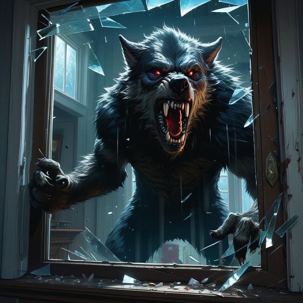 Werewolf Window Breach in Grimdark Horror Style