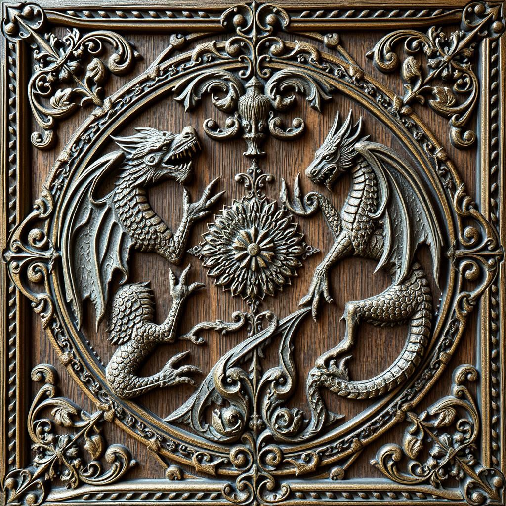 Ornate Medieval Wood Panel with Dragons and Gryphons