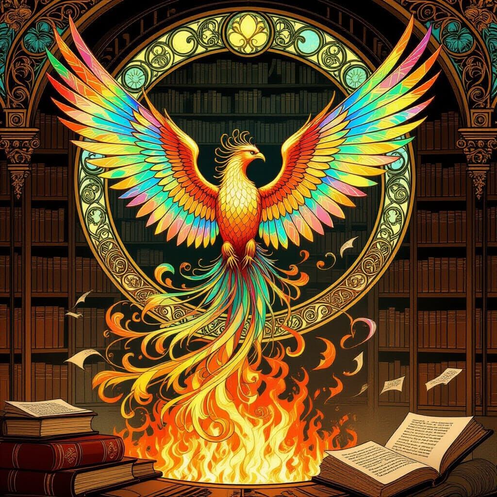 Stained Glass Phoenix Rising from Burning Library