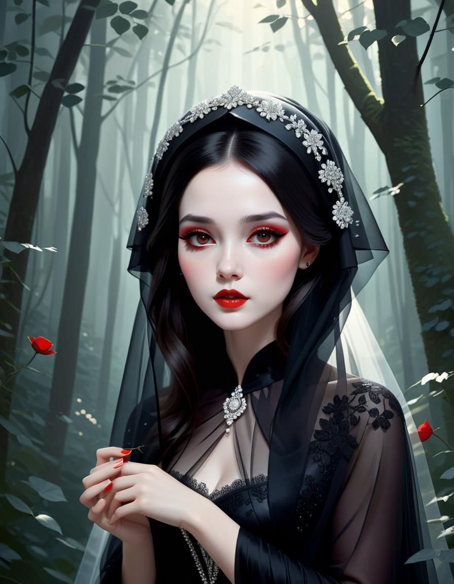 Gothic Bride with Red Eyes and Black Veil