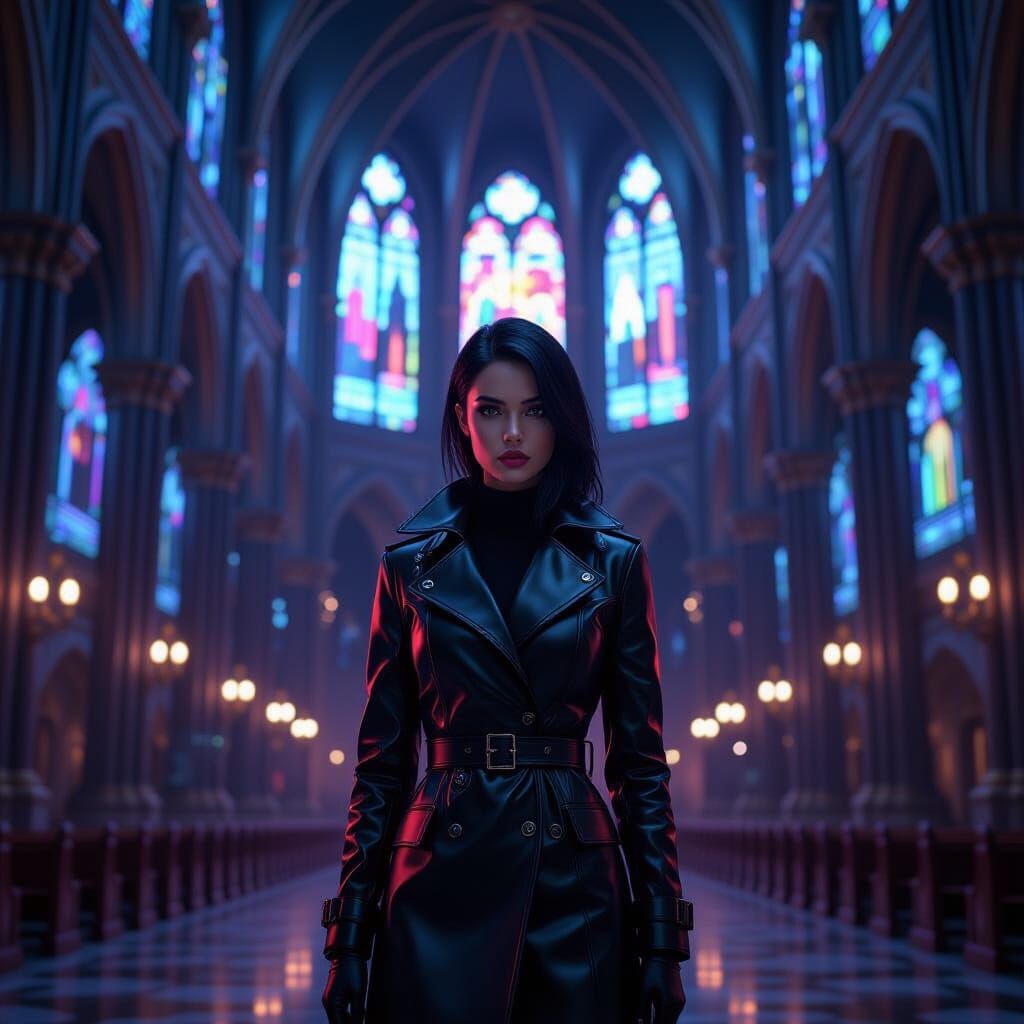 Woman in Gothic Cathedral with Futuristic Stained Glass