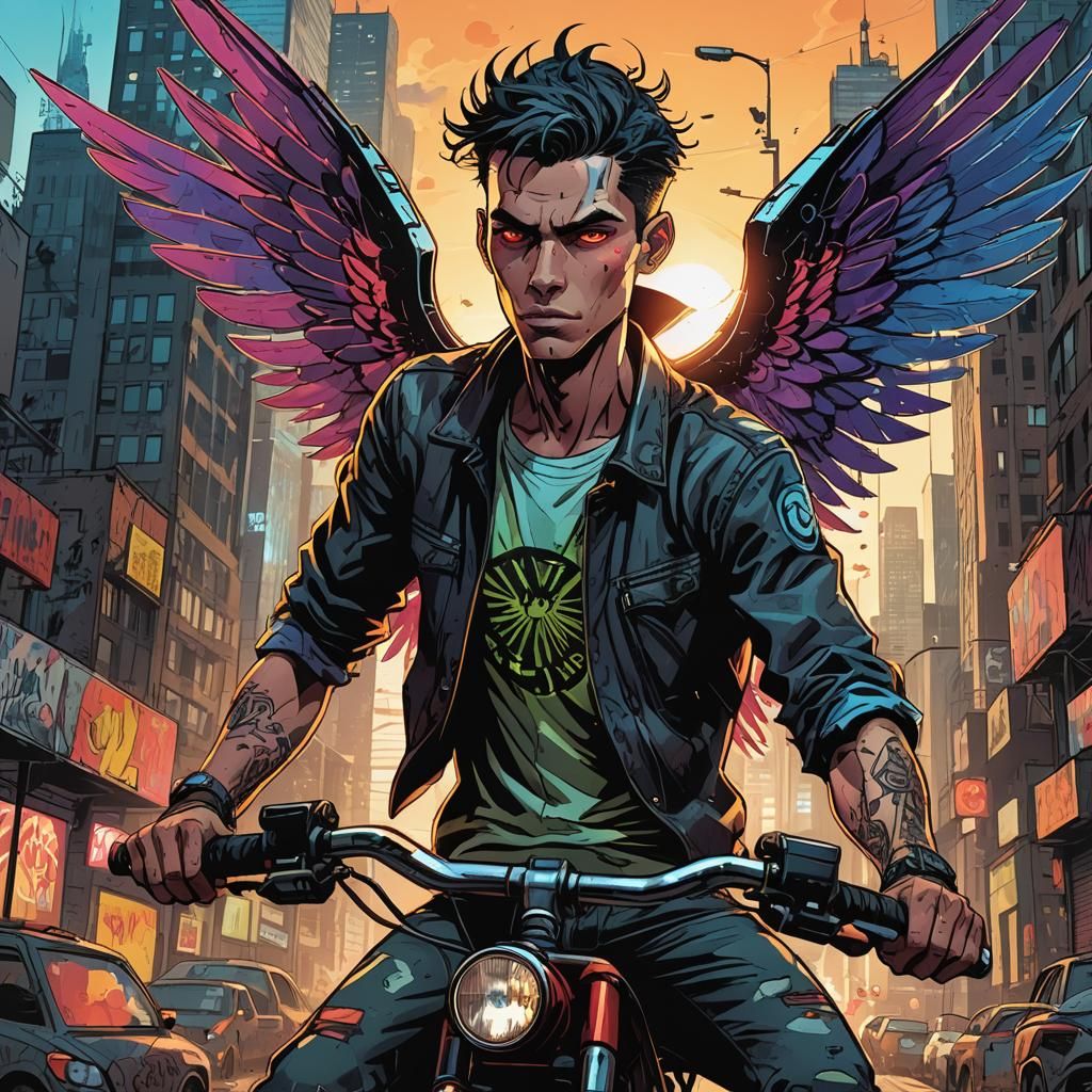 Edgy Comic Book Character on Winged Tricycle