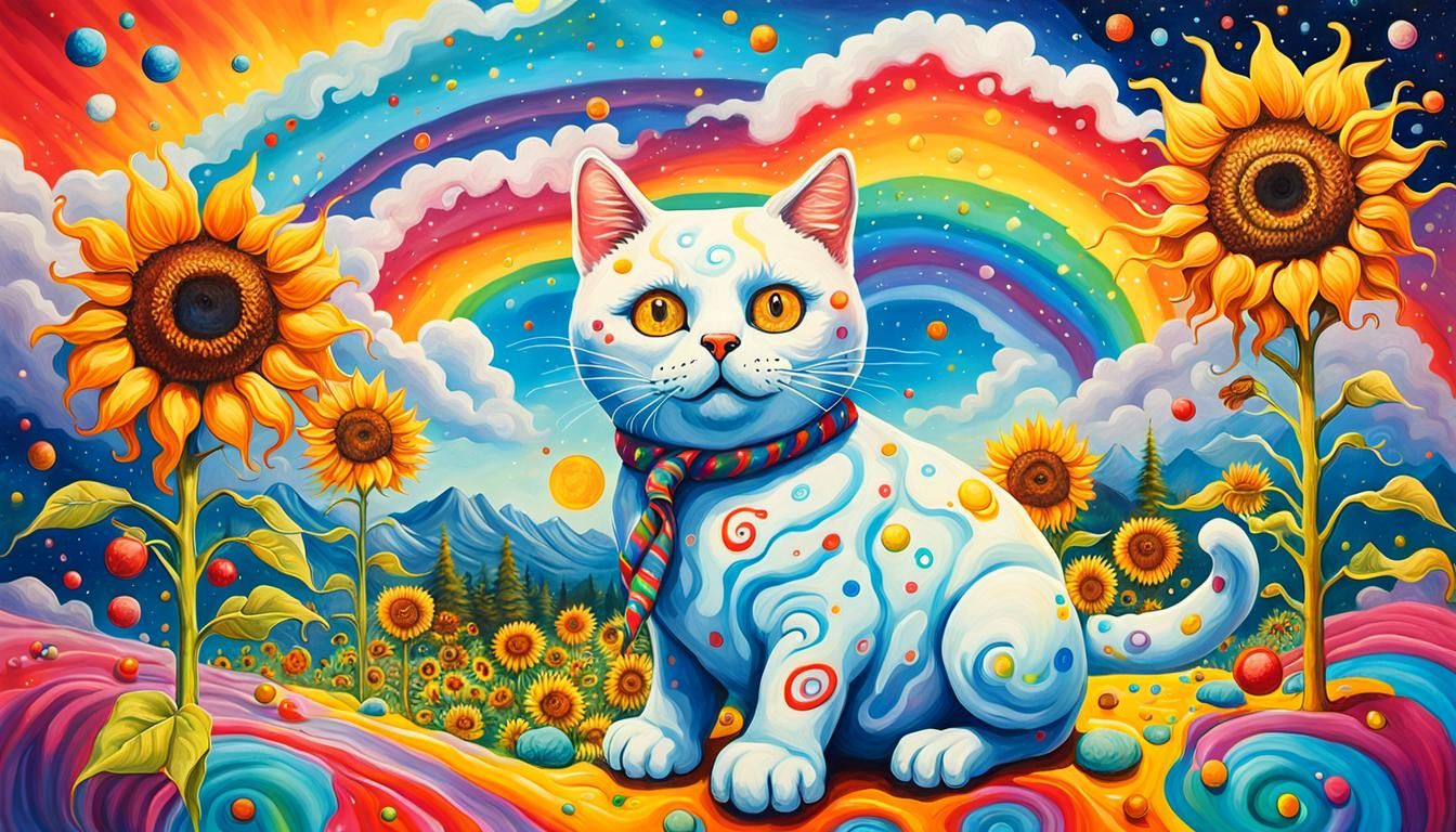 Surreal Melting Snowman Cat in Candyland Art Style