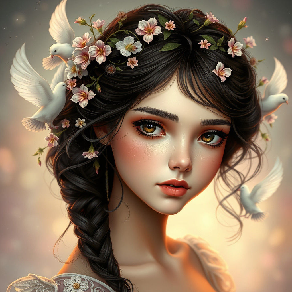 Ethereal Flower Girl with Doves, Art Nouveau Style