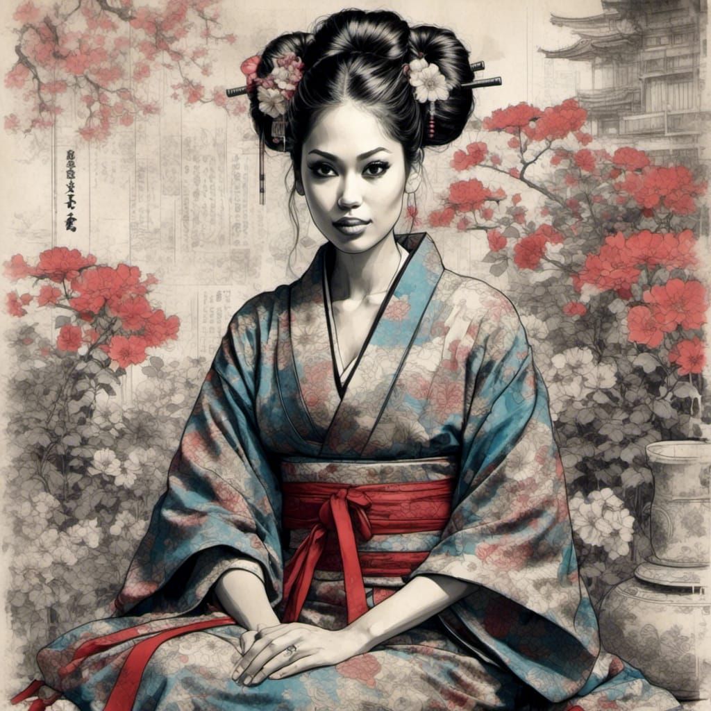 Beautiful Geisha in Garden, Grunge Style
