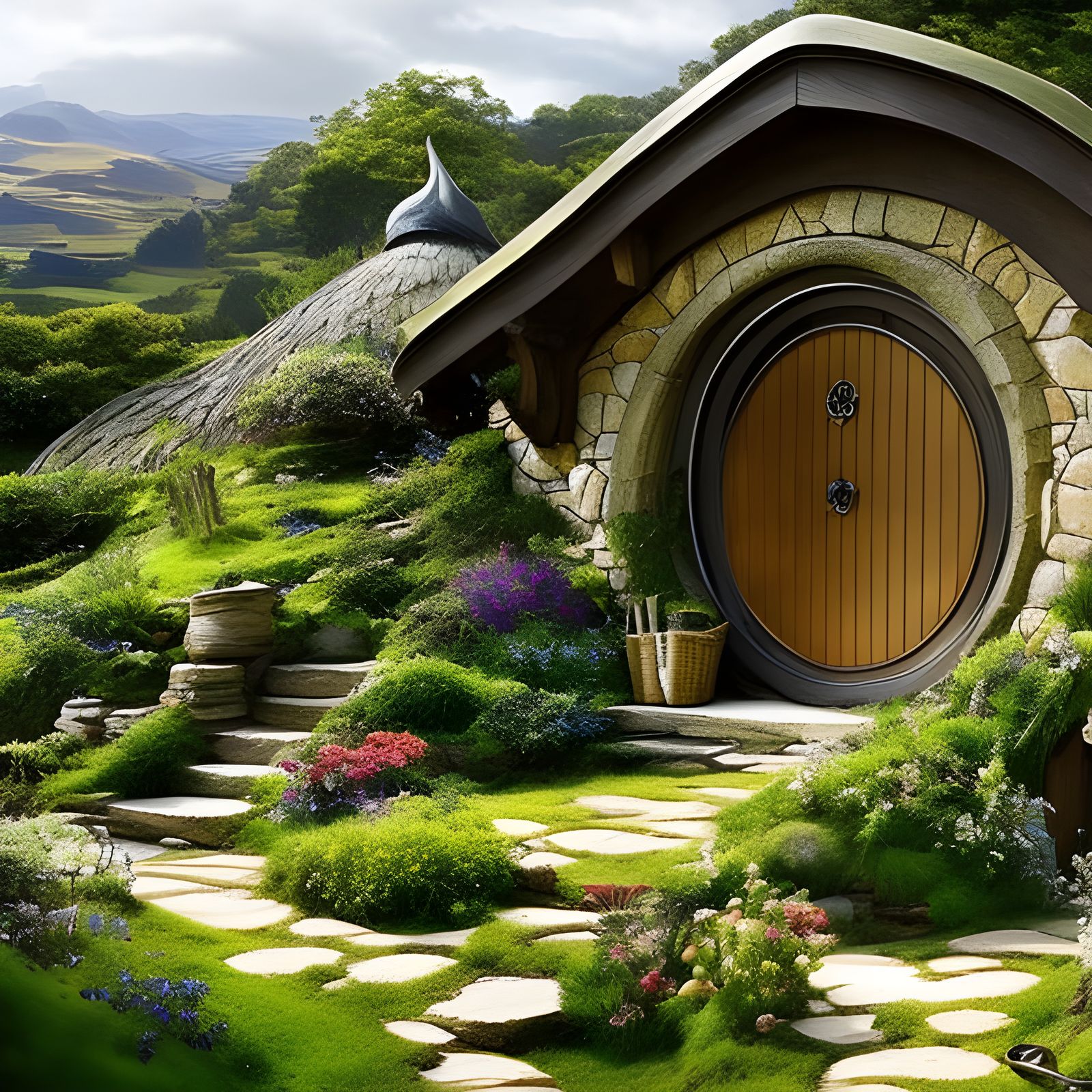 Detailed Hobbit Home in Middle Earth Landscape