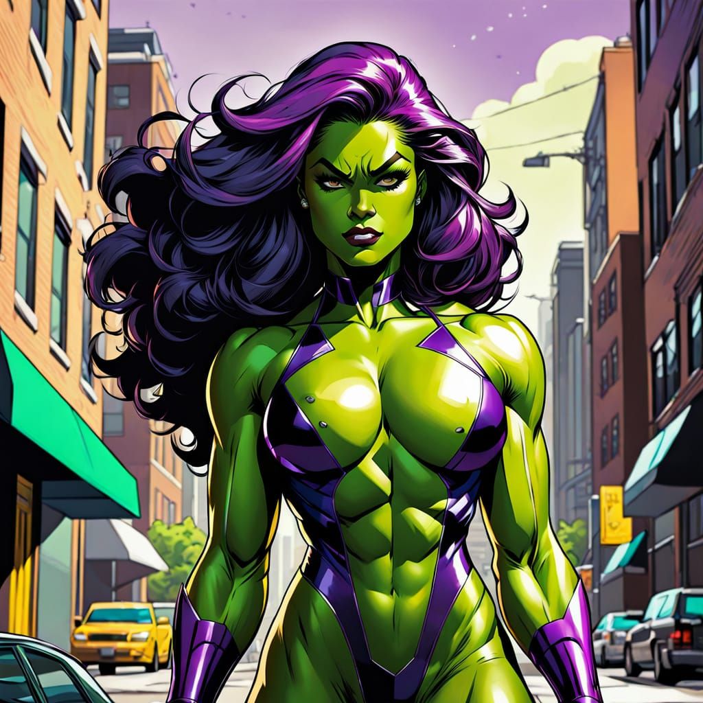 Marvel Superheroine She-Hulk Stands Tall in City Streets