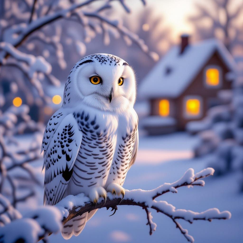 Majestic Snowy Owl in Winter Village Scene